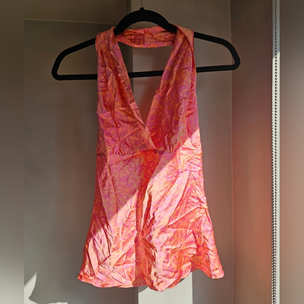 Express Vintage Silk Pink and Orange Floral Halter Top - Size S